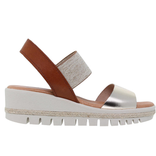 Sandalia cuña mujer piel platino Cuarzo