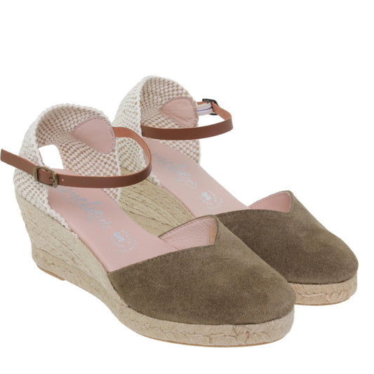 Sandalia cuña alpargata esparto mujer piel kaki Lilium