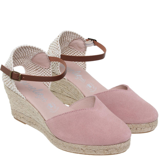 Sandalia cuña alpargata esparto mujer piel rosa Lilium