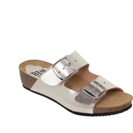 Sandalia cuña mujer piel platino Shungita