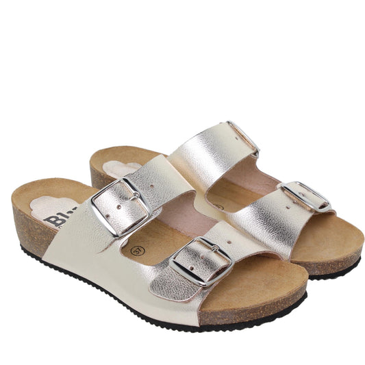 Sandalia cuña mujer piel platino Shungita