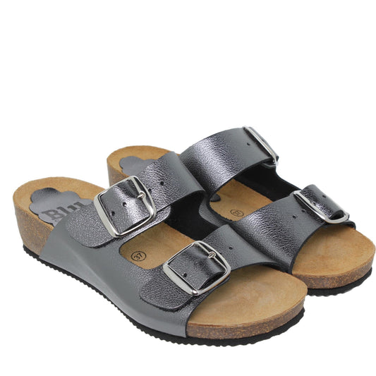 Sandalia cuña mujer piel plomo Shungita