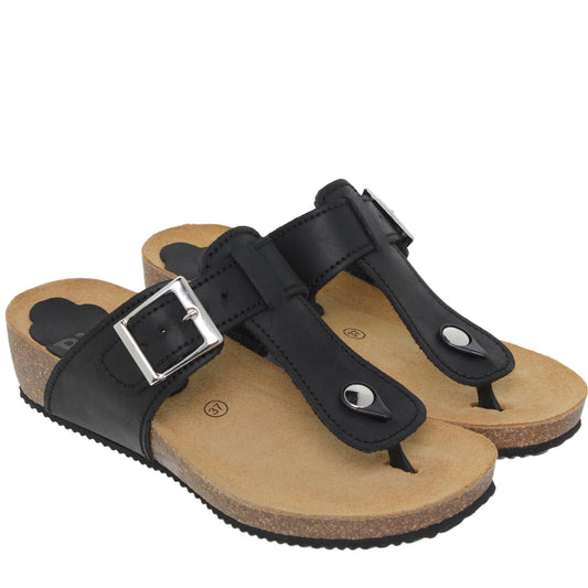 Sandalia cuña mujer piel negro Esmeralda