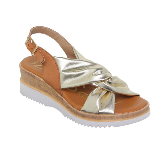 Sandalia cuña mujer piel platino Perla
