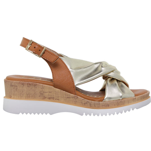 Sandalia cuña mujer piel platino Perla