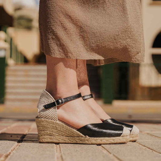 Sandalia Cuña Alpargatas de esparto Mujer piel Negro Caroline