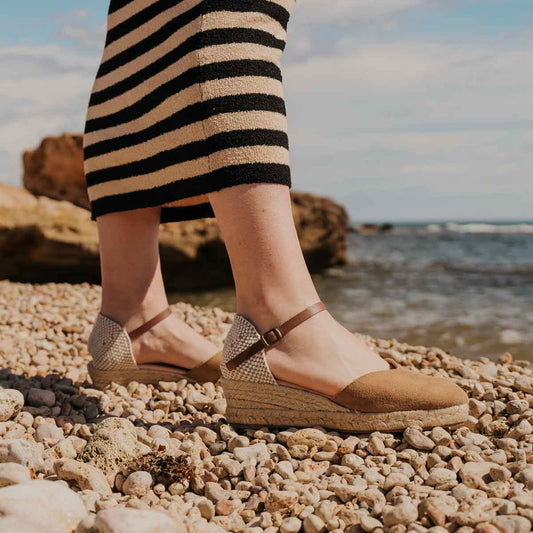 Sandalia cuña alpargata esparto mujer piel arena Cactus