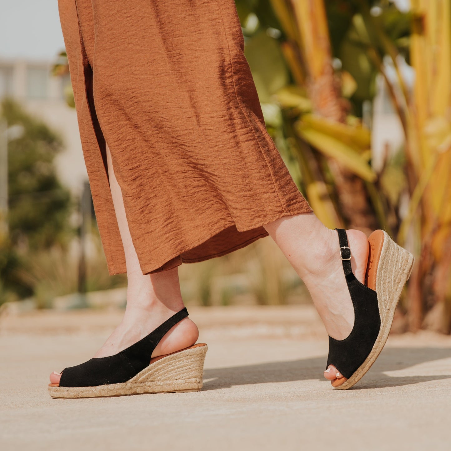 Sandalia Cuña Alpargatas de esparto Mujer Caramel Negro