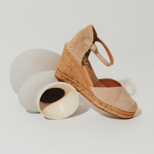 Sandalia cuña alpargata esparto mujer piel beige Lourdes